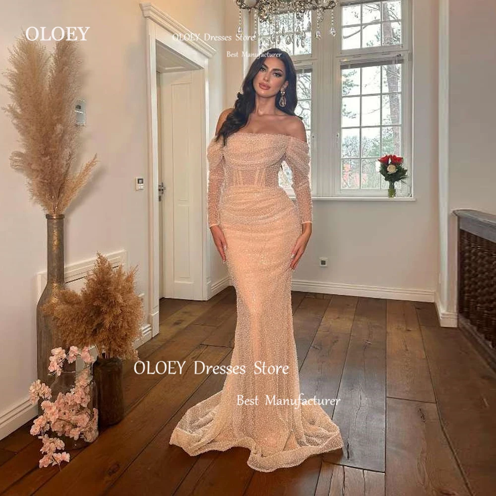 OLOEY Glitter Mermaid Evening Dresses Off Shoulder Long Sleeves Light Champagne Prom Gowns Formal Occasion Dress Vestidos 2024