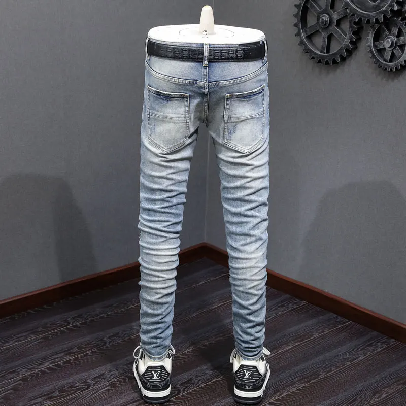 Y2K designer high street fashion new jeans washed with water nostalgic perforated patch light blue jeans high street hip-hop bra