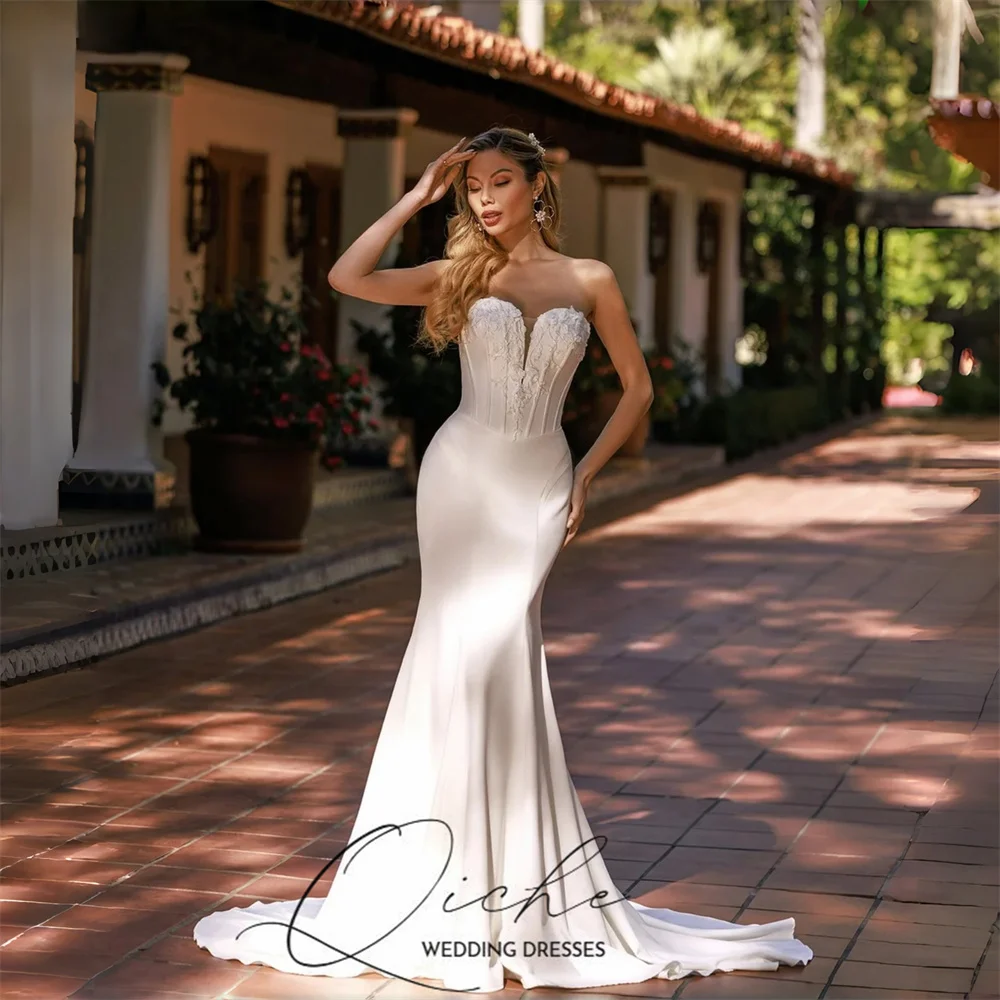 QICHE Vestidos de Noiva Sereia Elegantes para Mulheres, Decote Coração com Renda Aplicada, Sem Mangas, Vestidos de Festa Nupcial Personalizados