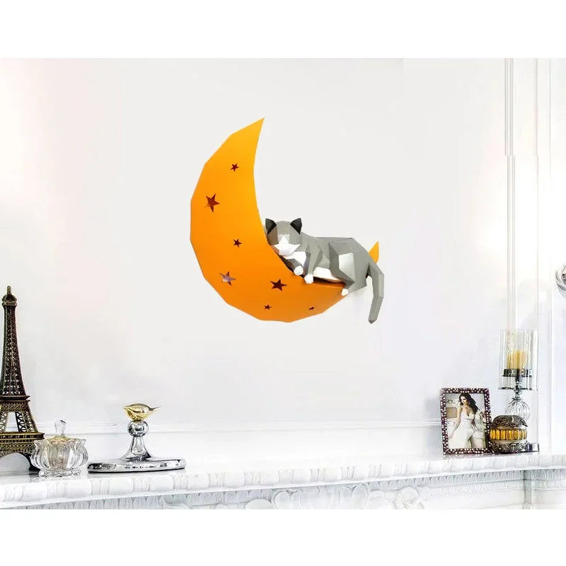 Pre-cut Cat Moon Star Animal Wall Decor Home Art Hanging Decoration Paper Model,3D Papercraft,Handmade DIY Adult Craft RTY223