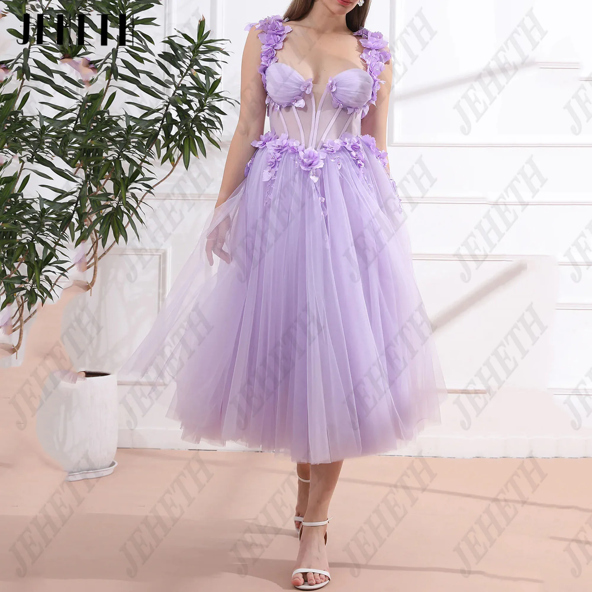 

JEHETH Lavender Prom Dress For Woman 3D Flowers Sweetheart A-Line Lace Up Spaghetti Straps Backless Tulle Vestidos De Gala