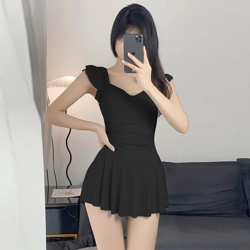 Fashion One-Piece Swimsuit Women Korean New Conservative Dress Style Slimming High Waisted Swimwear Beach Holiday Bathing Suit