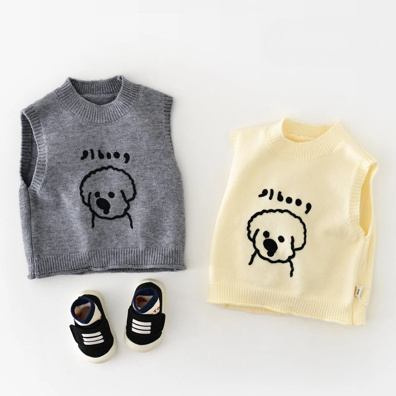 

2025 New Autumn Children Cartoon Puppy Sweater Vest Girls Sleeveless Tops For Babies And Toddlers Waistcoat