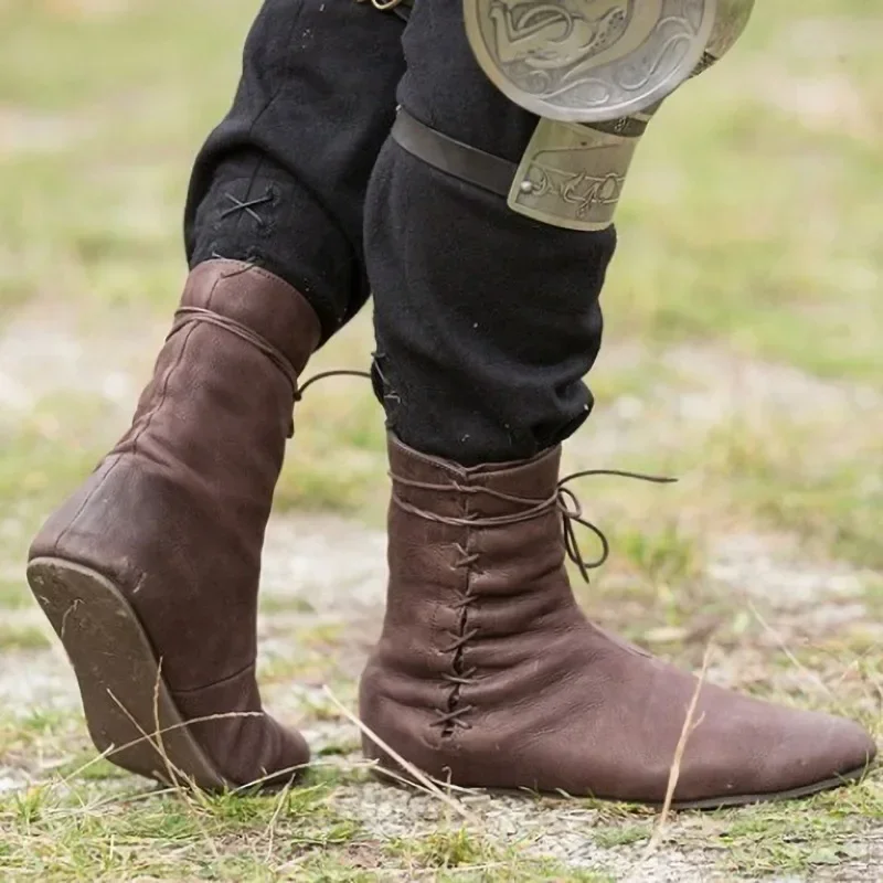 Botas medievais de couro carnaval para homens e mulheres, trajes cosplay, cavaleiro, caçador, príncipe, renda, viking, pirata, adereços de palco, sapatos retrô