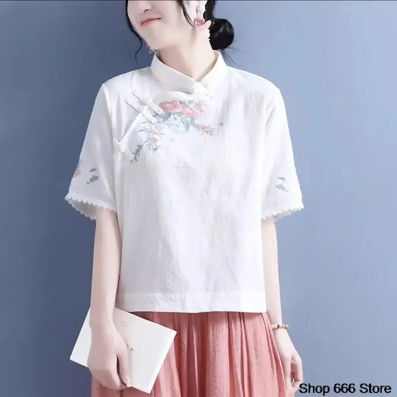 Spring Summer Cotton Linen Solid Color Standing Collar Women\'s Short Sleeve Top Chinese Style Retro Zen T-shirt Tang Suit Hanfu