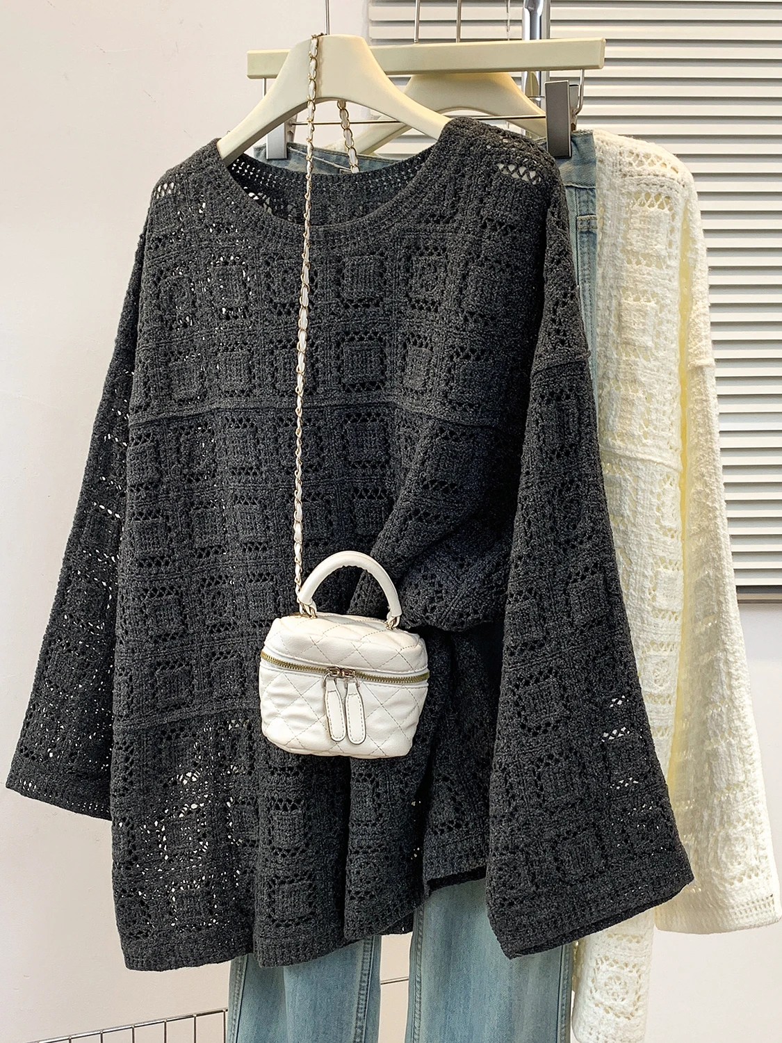 

Женская модная вязаная кофта свободного кроя с длинным рукавом, больших размеров, с круглым вырезом, ажурная, повседневная, осенняя одежда