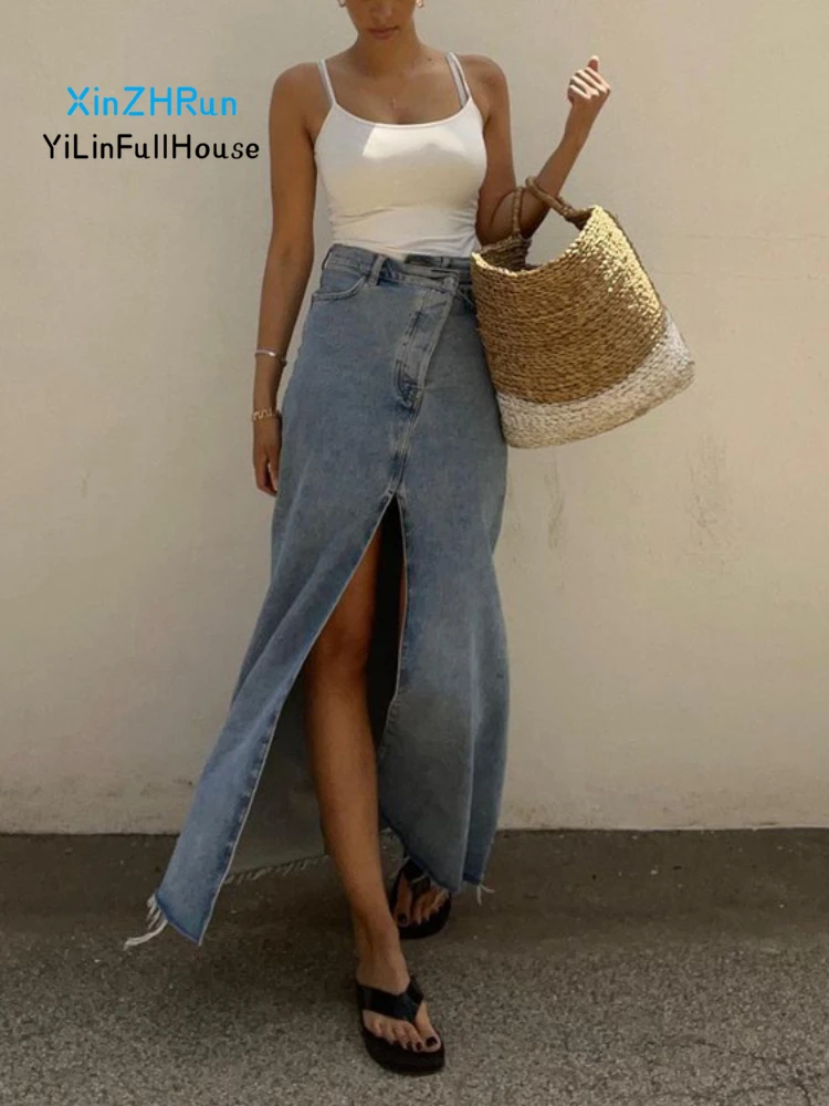 

2024 New Women Fashion Casual High Waist Front Split Half Skirt Womens A Version Art Retro Long Hip Wrap Denim Ankle Half Skirt