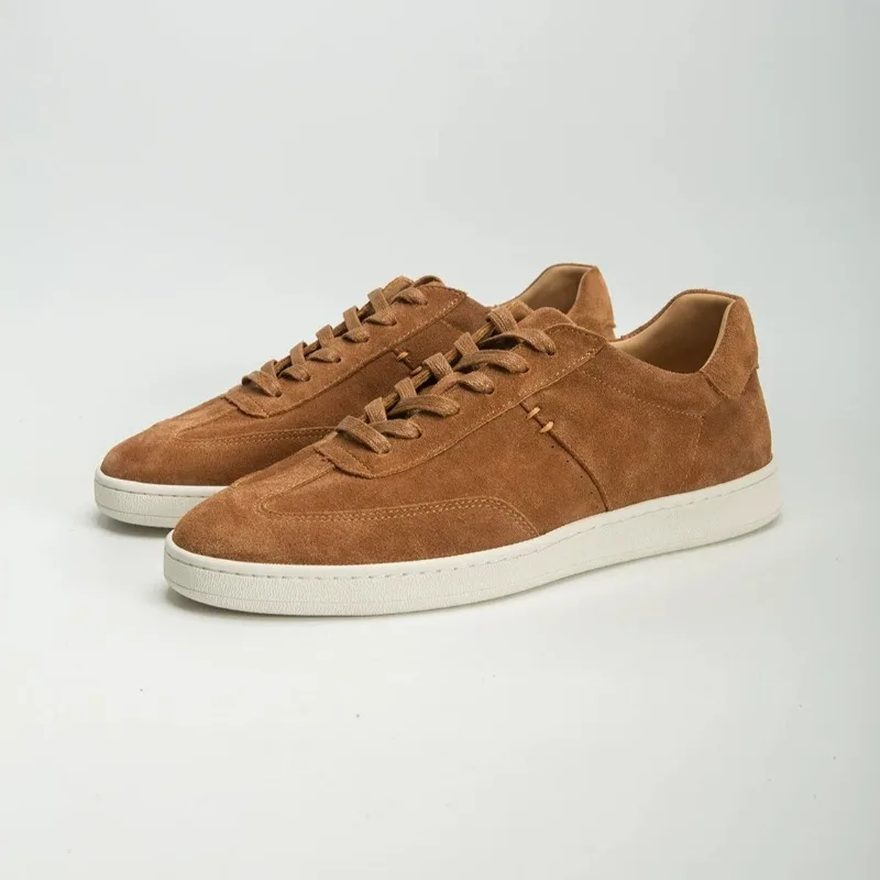Old Money Aesthetic Men Cow Suede Retro Casual Sneakers Lace Up Flat Sole Lightweight Daily Walking Shoes