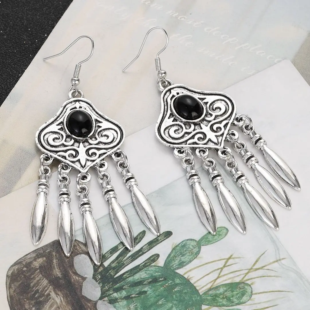 Vintage Ethnic Natural Stone Indian Earrings Jhumka Female Antique Silver Plated Geometric Carved Earrings Party Tassel Jewelry