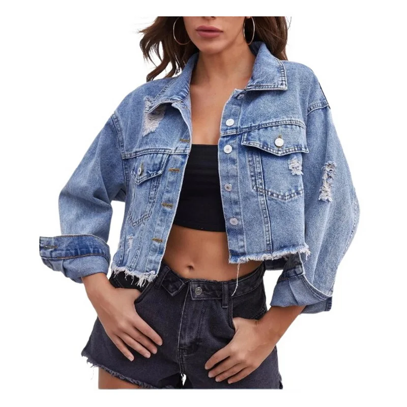 

Multiple Styles Women Short Denim Jackets Ripped Button Closure Distressed Flap Pockets Cropped Cowboy Jackets