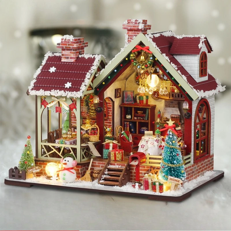 

Christmas Night Warm House - Miniature Dollhouse DIY Kit with Music Box, Desktop Decor, Creative Gift (English Color Box)