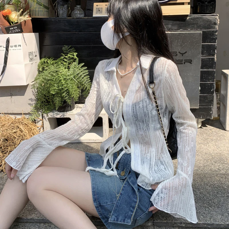 Gidyq Women Streetwear Shirts Fashion Lace Up Long Sleeve Blouse Korean Y2K Casual Female Loose Sun Protection Shirts Spring New