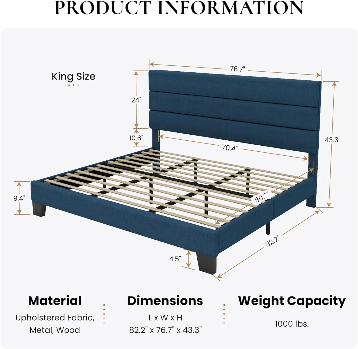 Sha Cerlin King Platform Bed Frame With Upholstered Fabric Headboard, Mattress Foundation With Strong Wooden Slats Support, No