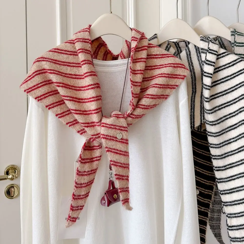 Temperament Stripe Striped Triangle Scarf Neck Warmer Triangular Wool Blend Headscarf Retro Korean Turban Women