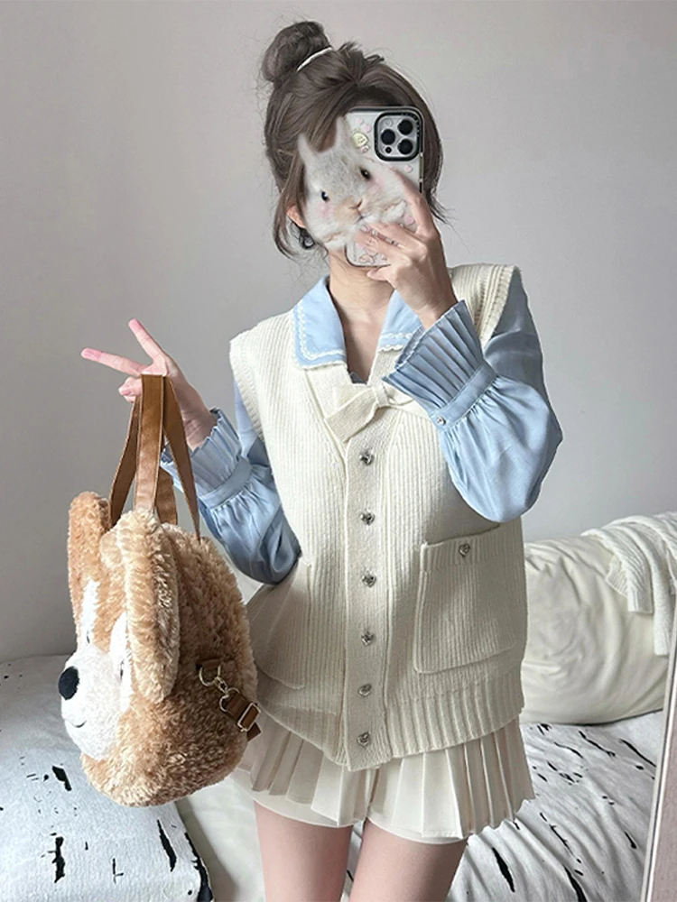 

Комплект из вязаного топа и юбки в стиле преппи: короткая юбка с высокой талией А-силуэта, длинный рукав, воротник, для повседневной носки, для женщин