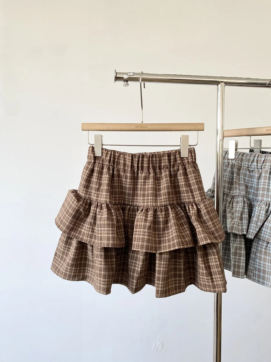 

plus Size Women's Plaid Ruffle Hem Skirt Spring Summer 2025 New Korean Style Versatile Cake Puffy Short Skirt Pants