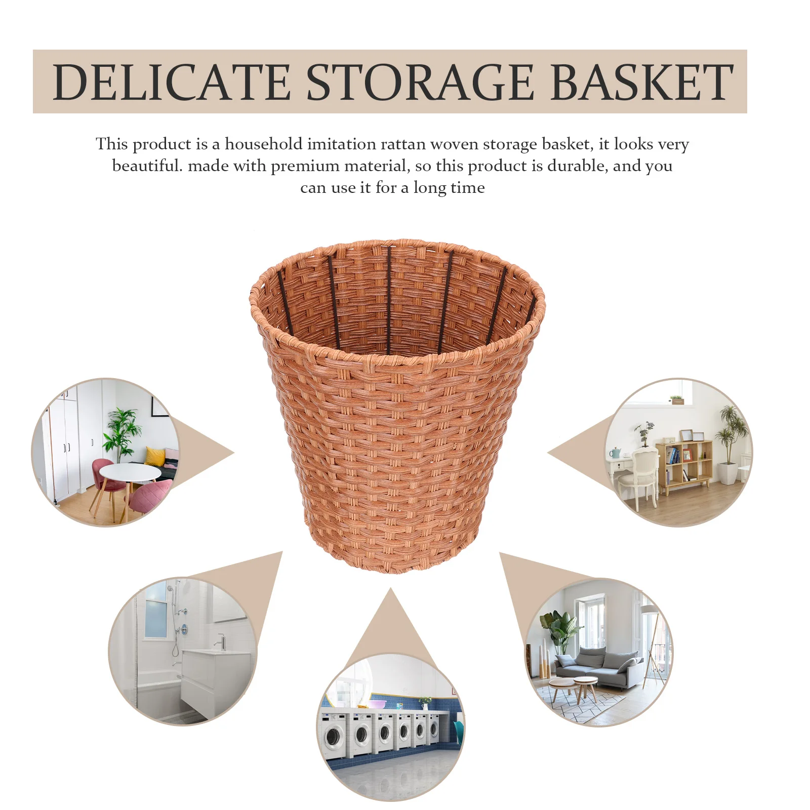 

Rattan Style Trash Can Storage Basket Woven Look Light Brown Multi Purpose Home Sweets Bucket Sundries Household Use