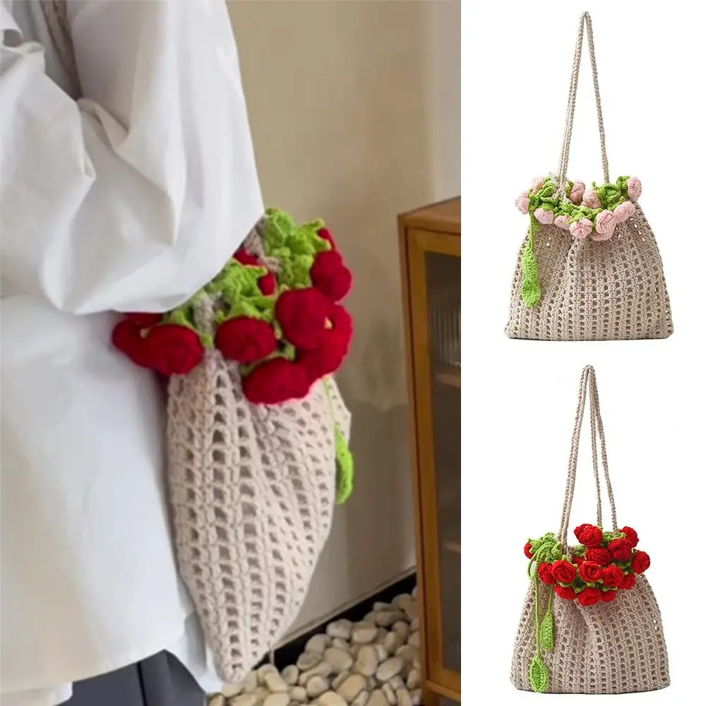 

New Floral Hollowed Out Rose Crochet Handbag Polyester Casual Knitted Shoulder Bag Large Capacity Bucket Bag