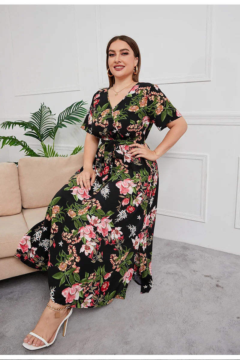 S-5XL Plus Size Damska sukienka z krótkim rękawem i dekoltem w szpic z elastyczną talią Luźna sukienka Boho Maxi