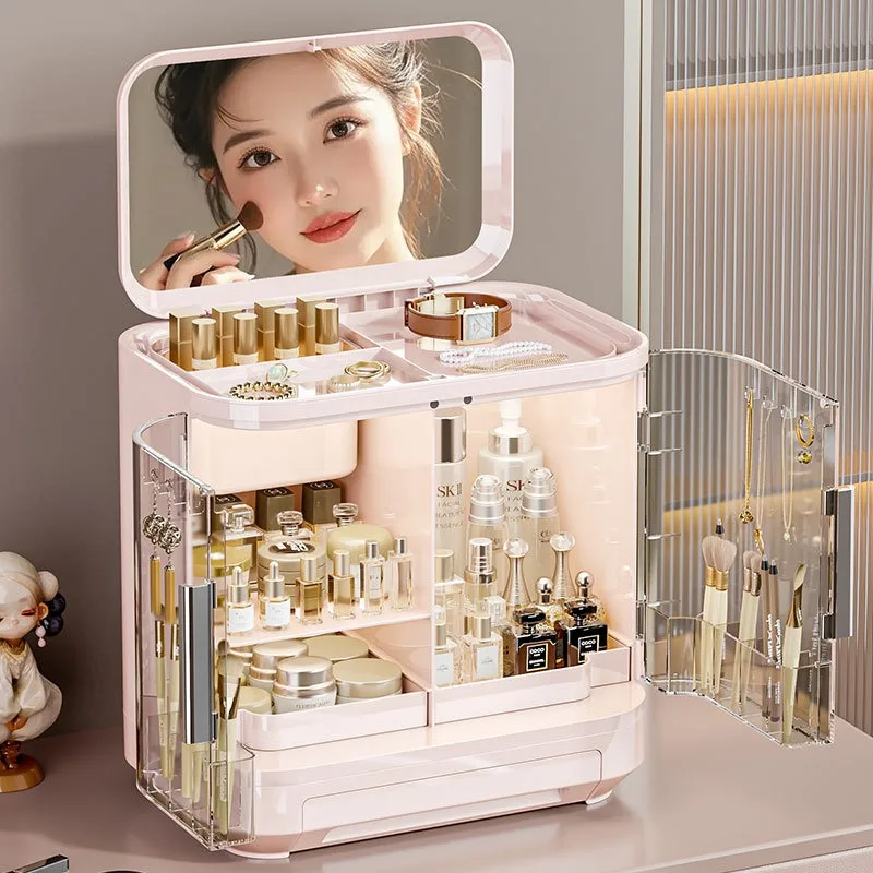

Cosmetics storage box, mirror, high-end feel, light luxury shelf, dust-proof skincare products, dressing table, makeup box