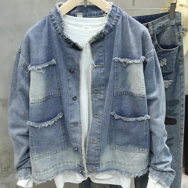 Spring Autumn New Men Fringed Denim Jacket American Retro High Street Pockets Blue Coats Casual Loose Fashion Versatile Tops view 3
