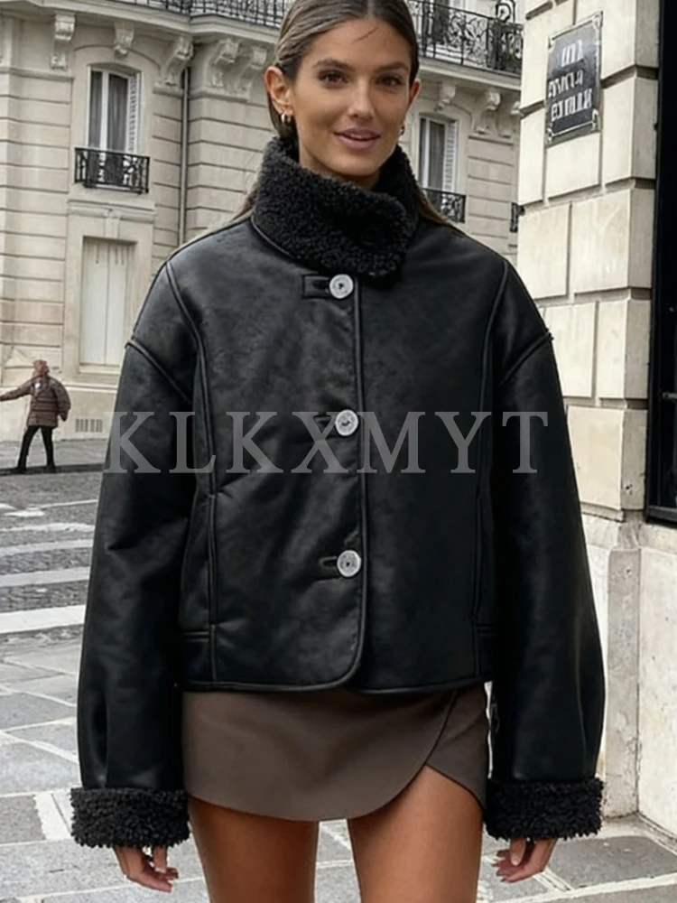 

Women's leather Jacket 2025 Women Long Sleeve Button Leisure High Street Short Jacket Lady Autumn New Fashion Outerwears