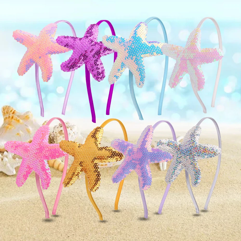 Girl Beach Sequins Starfish Princess Mermaid Headband Sparkly Bling Star Kids Hair Hoop Glitter Hairband for Birthday Party Gift