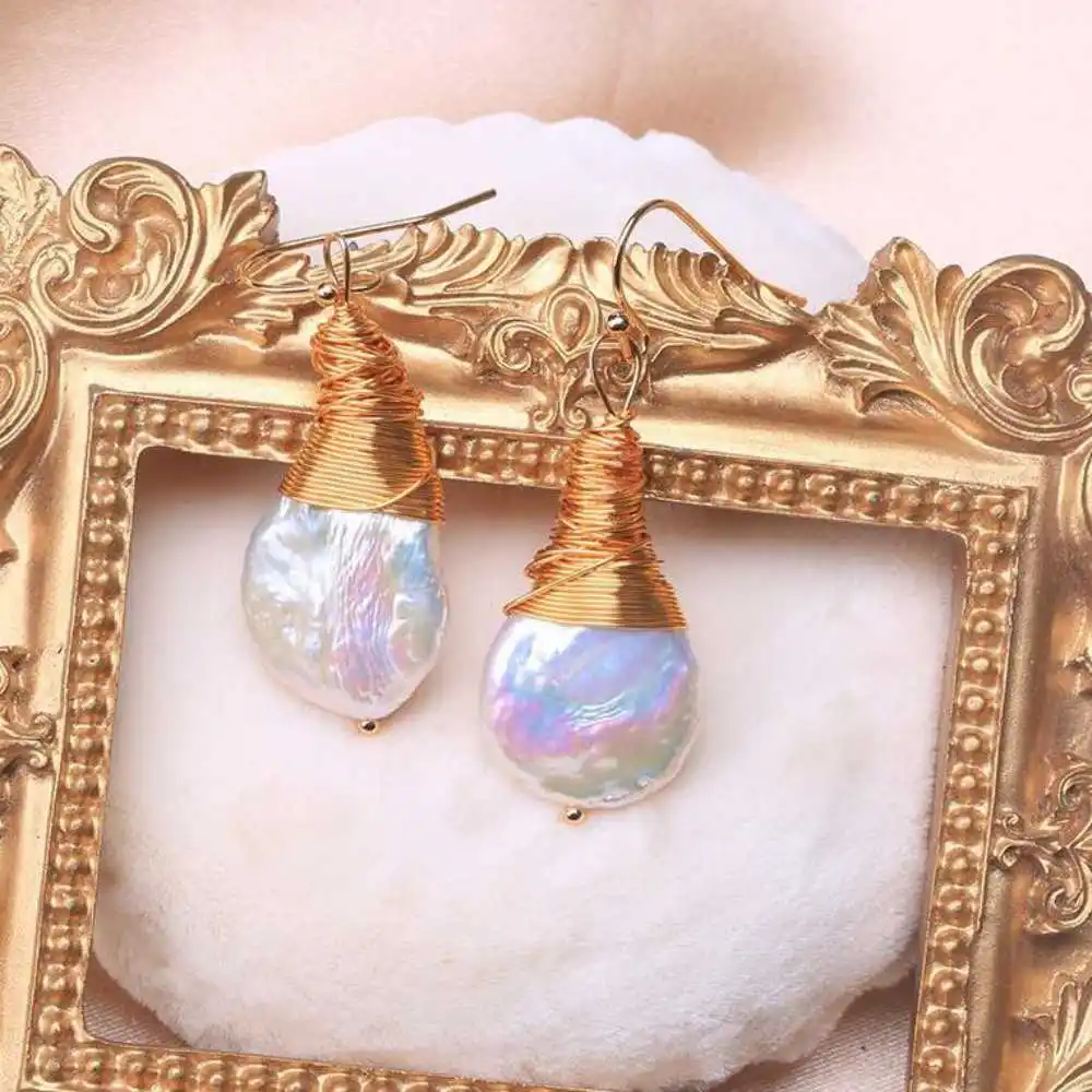 White Baroque Freshwater Pearl Coin Pearl Earrings 18K Aquaculture Hook Fashion Cultured Jewelry