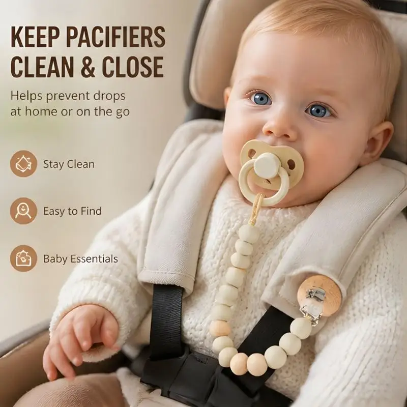 Infant Pacifier Clip Chain with Neutral Beads and Cord End, Baby Pacifier Accessory with Metal Clip for Daily Use and Nursery