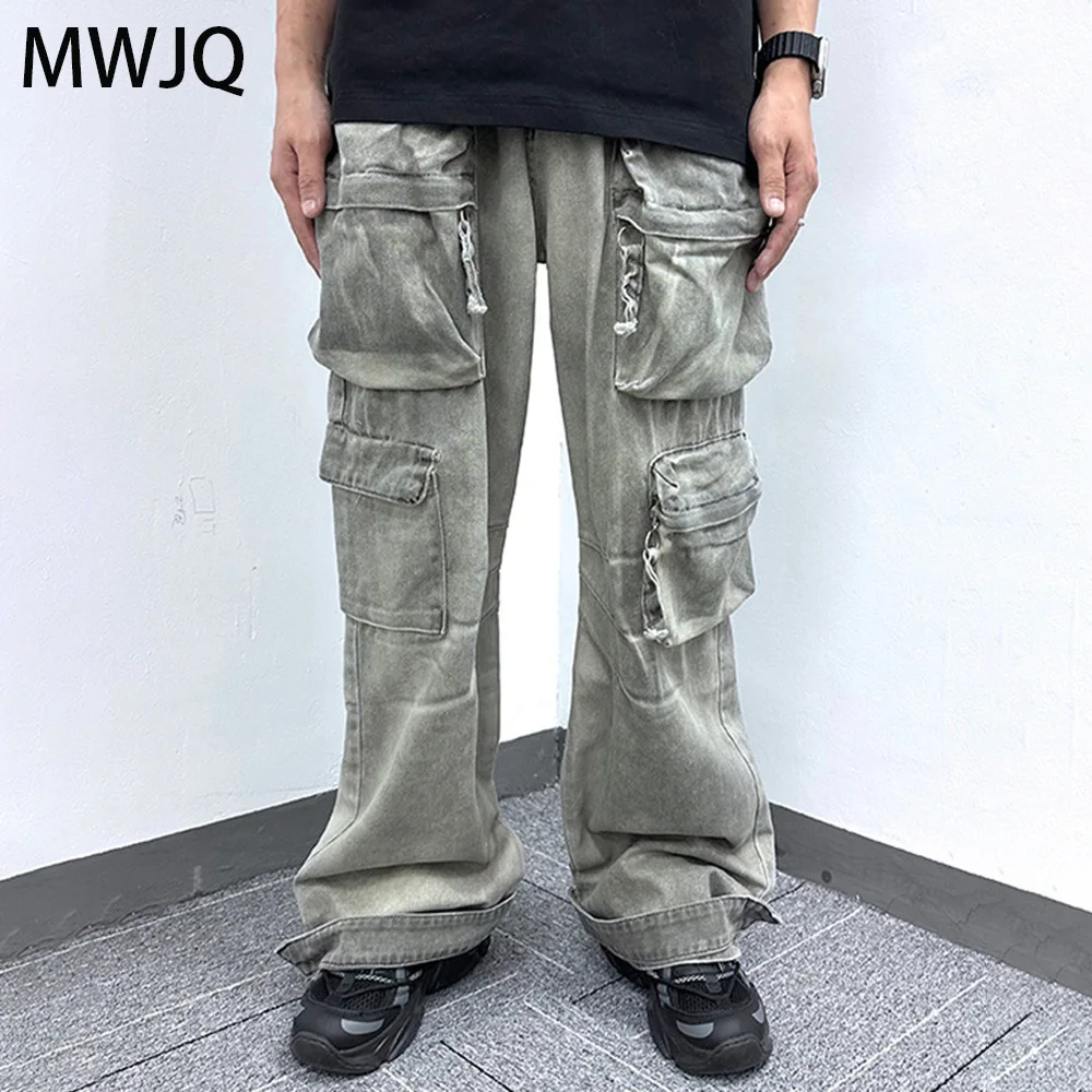 

MWJQ Oversized Multi Pocket Male Jeans High Street Distress Retro American Straight Cargo Bottom Loose Wide Leg Pants 010390