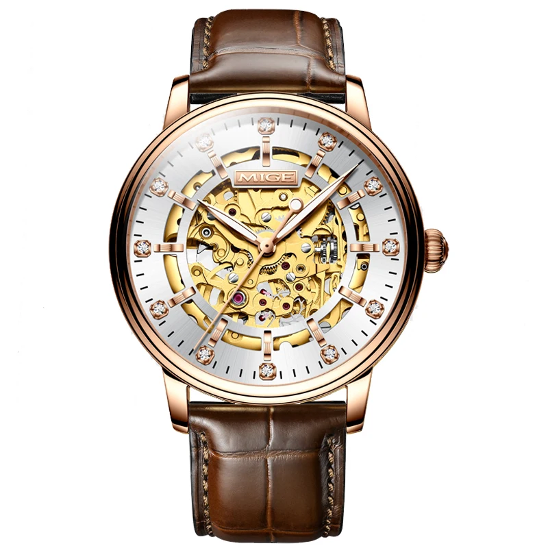 MIGE brand business stainless steel mechanical watch men japan movement waterproof automatic  Hollow leather mens watches