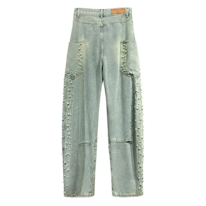 Side Pocket Design Beaded Denim Scimitar Pants Women Spring Summer New Niche High Waist Loose Slim Versatile Straight Pants