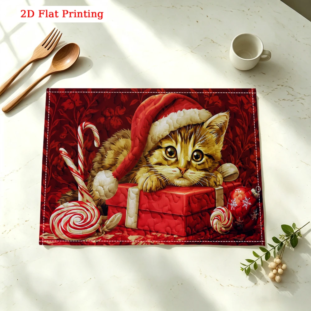 Cute Kitten In Santa Hat Kitchen Placemat Coaster Linen Pad Dish Coffee Cup Table Mat 30x40cm Home Decor