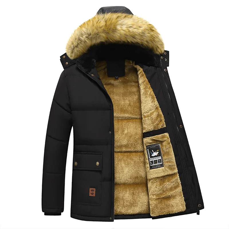 

Winter Fleece Jackets Men Outdoor Windproof Detachable Cap Warm Jackets Fur Collar Hooded Parkas Solid Black Winter Coats Male