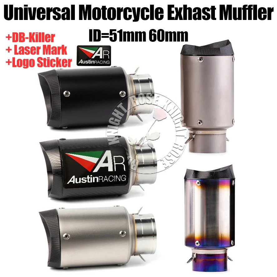 

Universal 51mm 60mm Motorcycle AR Exhaust Muffler For NINJIA Z250-1000 MT0709 GSX250R ZX6R S1000RR R3R6 DUKE390 K7 K8 CB300R Etc