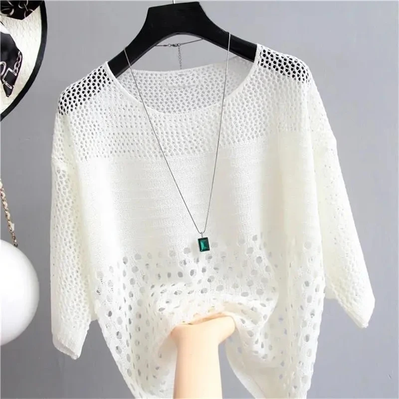 Hollow Out Thin Oversized Knitted Tops O-neck Lightweight Casual Tees Summer Korean Fashion T-shirt Long Sleeve Women Camisetas