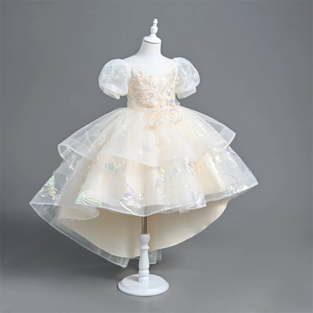 New Gorgeous Girls Princess sequin Palace Dress round neck Children Wedding Gown baby infant Birthday Party Kids Dresses