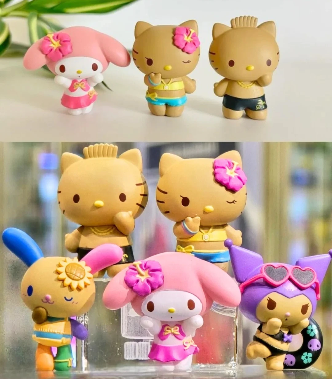 

Новинка в наличии, слепая коробка для летних каникул, черная кожаная кошка Kuromi Kt, цветок, маленький кролик, пляжный игровой стиль, кукла, украшение для рабочего стола