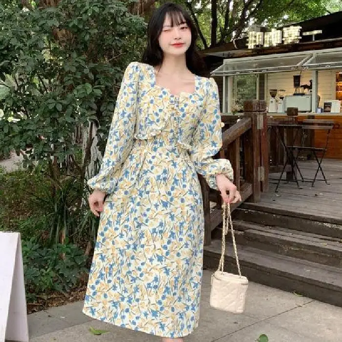 

Dresses Women Print Vintage Korean Style Tunic Holiday Chic Spring Casual Backless Design Midi Inside Party Wear Fashion Ladies