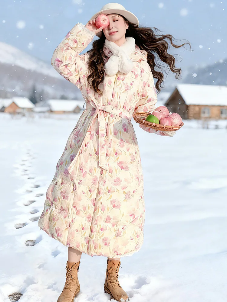 106-122cm Bust Winter White Duck Down Jackets Women Korean Fashion Elegant Floral Print Hooded Thick Warm Long Down Jacket Coats