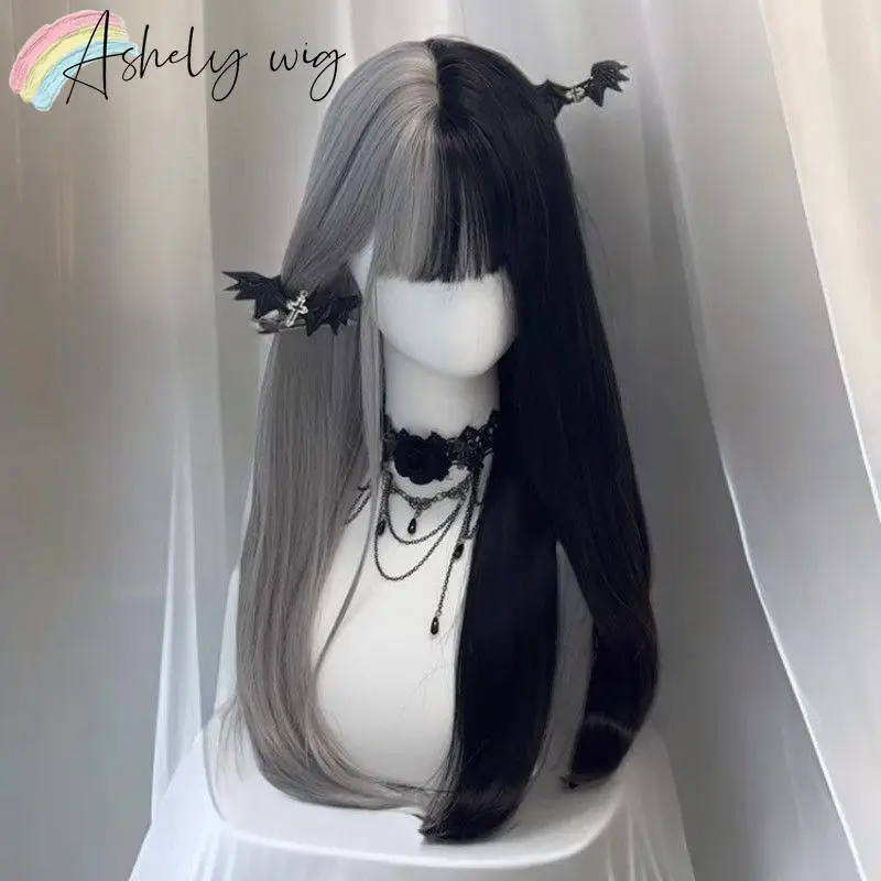Ashely Half Black Gray Wig with Bangs 26inch Long Straight Wigs Lolita High Temperature Fibers Synthetic Wigs forAll Saints' Day