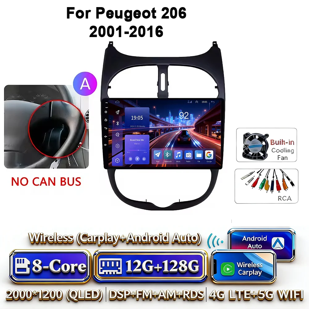 Android 17 Carplay Android Auto 4G WIFI autoradio voor Peugeot 206 2001-2016 GPS DSP BT touchscreen multimediasysteem navigatie stereo