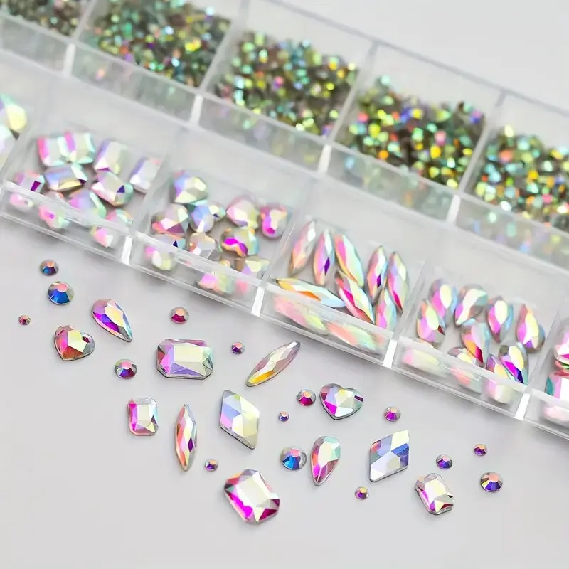 12 Grid Mixed Size Shiny Nail Rhinestone Decorations Multiple Colors Boxed Nail Accessories DIY Handmade Crafts Party Gifts