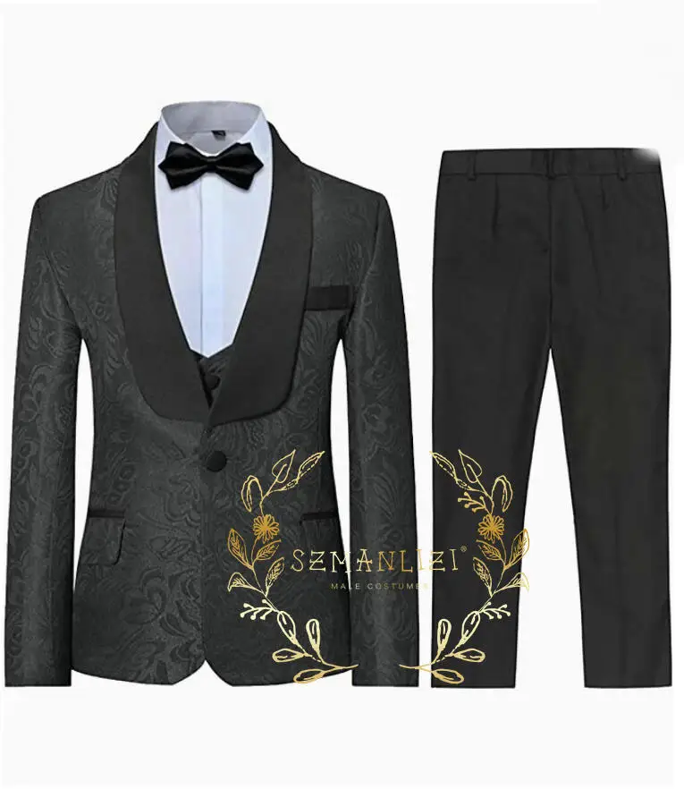 Fashion Suits For Boys Wedding Tuxedo Shawl Collar Black Jacquard Formal Party Dress Kids Blazer Vest Pants 3 Piece