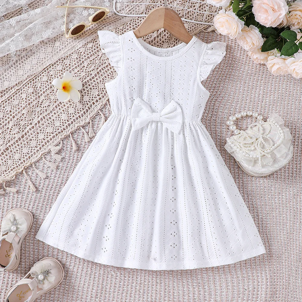 

2024 Summer New Arrival Girls Sleeveless O Neck Ruffles Bow White Cute Party Princess Dress Custume 4-7T