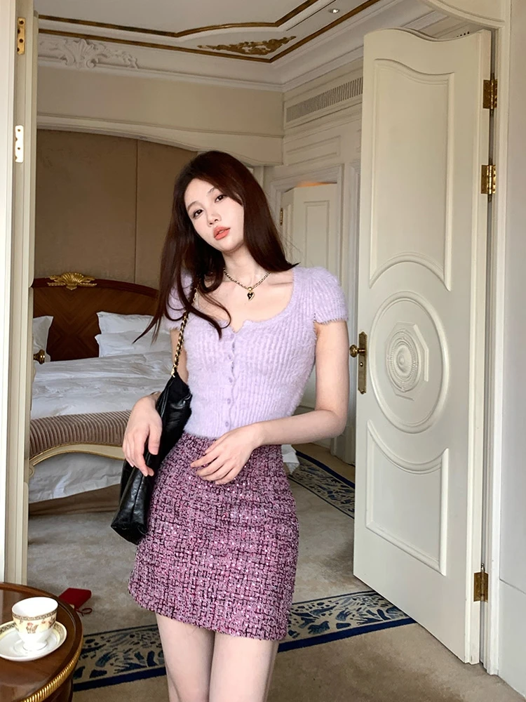 

Женский модный вязаный свитер Amor ey Purple Fuzzy Knitwear Pure Desire с сердечным вырезом и воротником-стойкой, фиолетовый базовый слой