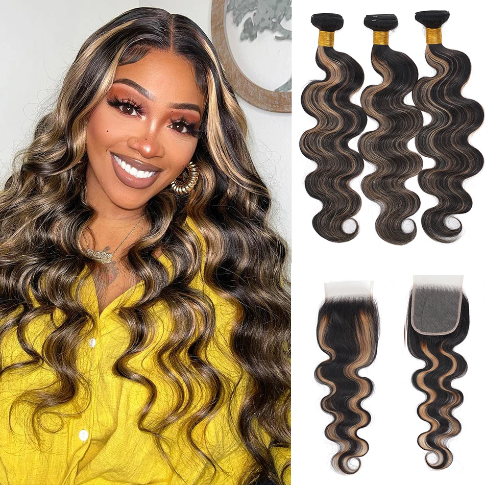 100% أومبير شعر بشري لعذراء الجسم موجة 2/3 حزم مع إغلاق الدانتيل تسليط الضوء على العسل الأشقر BodyWave مع إغلاق الدانتيل 4x4 HD