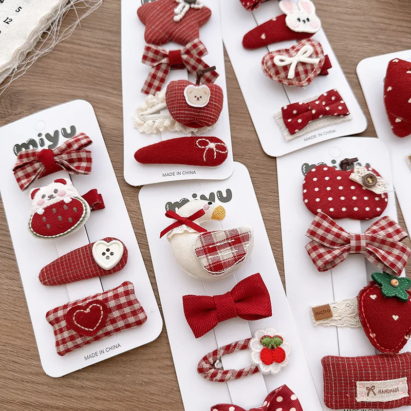 

4pcs/set Korean Sweet Hair Clips Set Red White Bow Clips Checkered Polka Dot Alligator Clips for Kids Girl Cute Hair Accessories