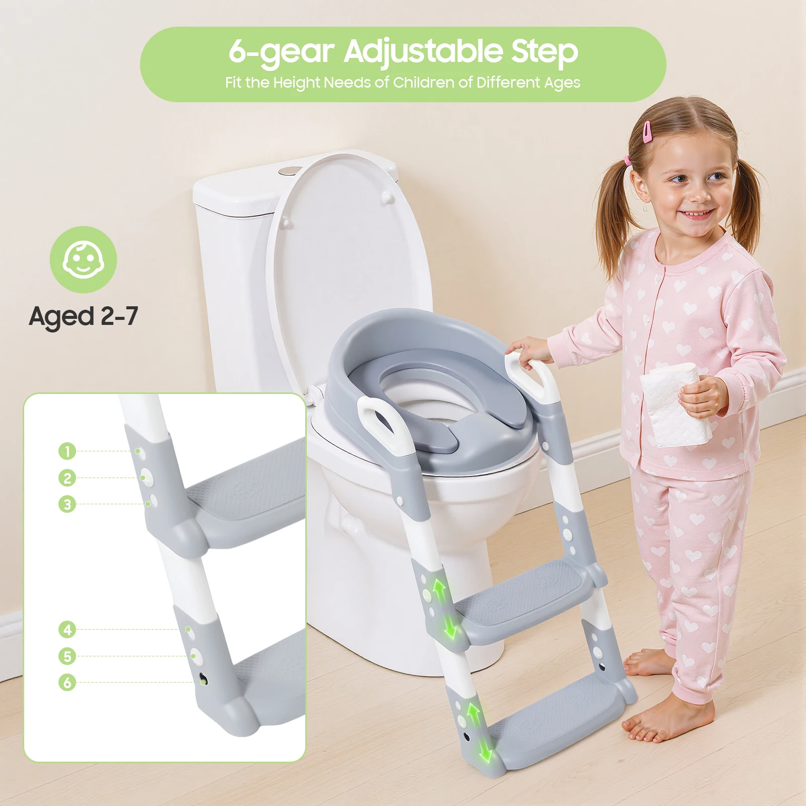 Siège d'apprentissage de la propreté pliable pour enfants avec marchepied, siège de toilette réglable à 6 niveaux pour tout-petits avec pédales antidérapantes pour toilettes V/U/O