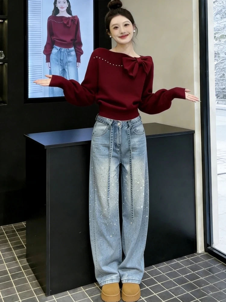 

Faionable Red Bow Knot Sweater High Waist Wide Leg Jeans Set Women's Spring 2026 Slimming Versatile Two Piece Ensemble